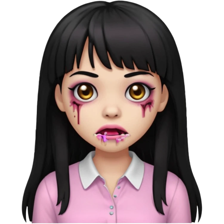 light-skinned Black zombie girl emoji, black eyes, long black hair with bangs, light pink blouse, stitched mouth emoji