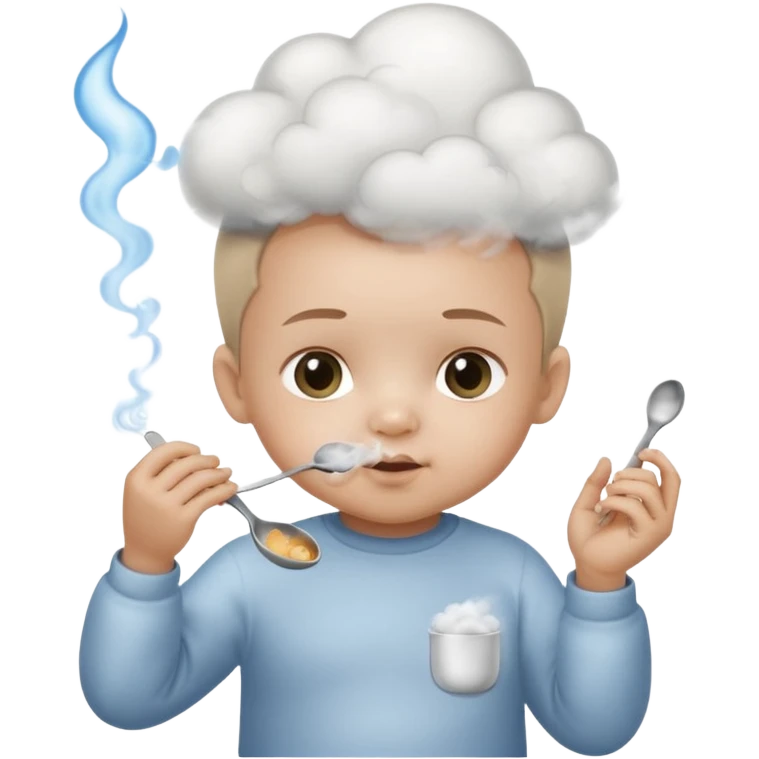 Baby with a spoon in one hand and lighter in the other with smoke (not fire) coming off the spoon.  emoji