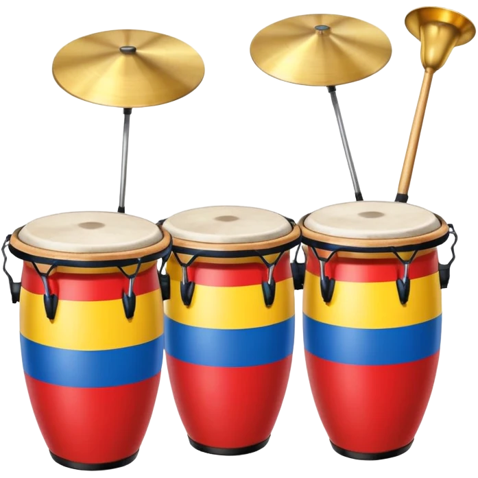 Colombian salsa music instruments - congas, trumpet, and timbales with Colombian flag colors emoji