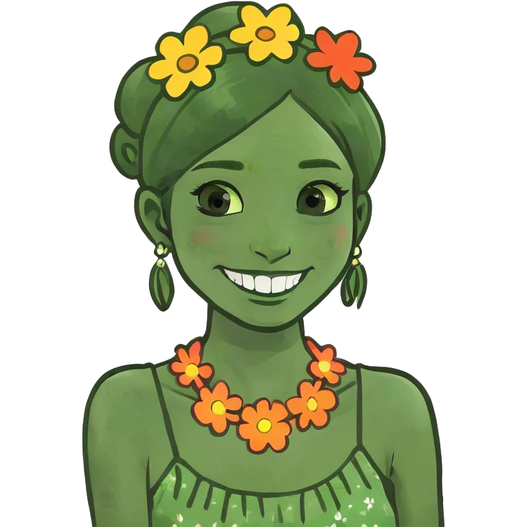 smiling girl with flower necklace emoji
