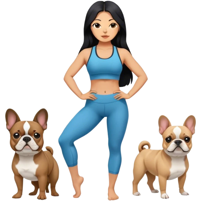 latin woman in a yoga outfit with long black hair standing alongside two French bulldogs emoji
 emoji