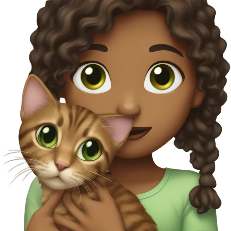 Long, dark brown, curly haired girl with hazel eyes kissing a brown tabby cat with green eyes on its head emoji