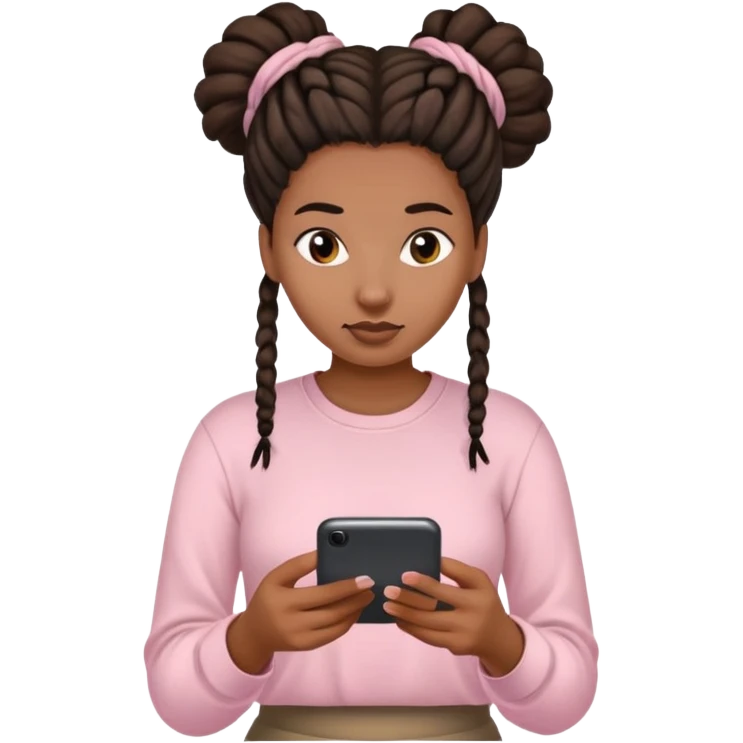 Dark brown woman with dreadlocks in bun Light pink shirt texting emoji