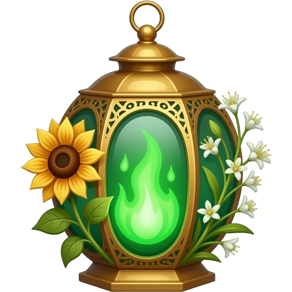 A golden hanging lantern with a bright emerald green flames, an empty loop on top, fae filigree themed sunflowers on the left and asphodels on the right as part of the design, but simple focus more on the green flames, paint the glass more green emoji