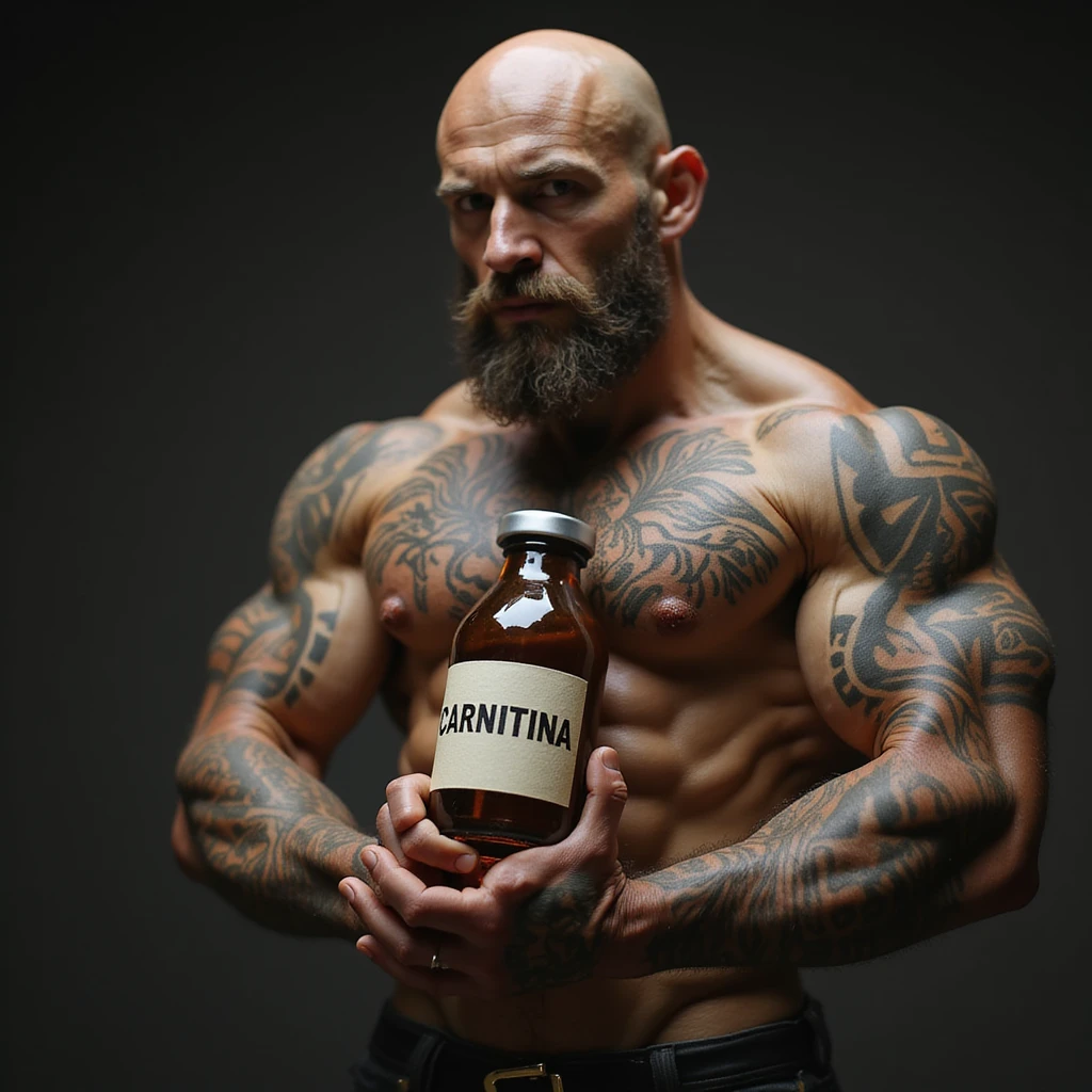 bodybuilder with tattoos, hyperrealistic, holding a vial with a label 'CARNITINA' in large block letters, 4k quality emoji