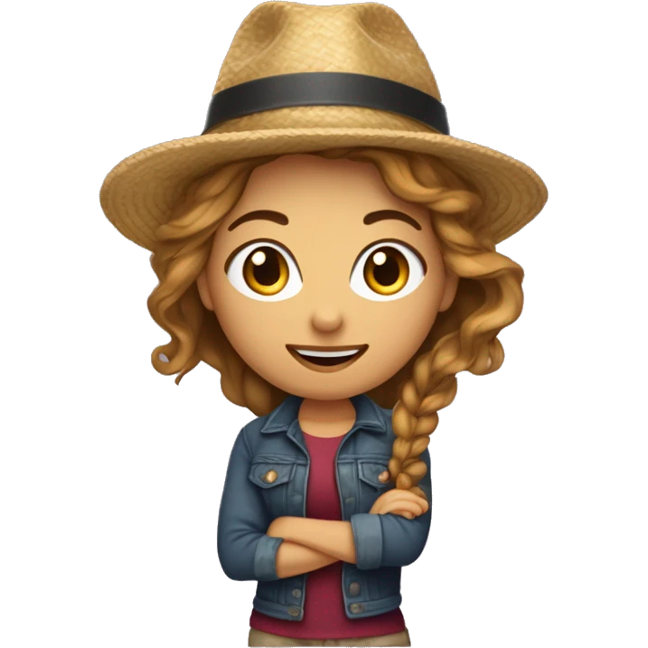 Crear un emoji realista de una chica super alegre, con pelo rubio, rizado, ojos marrones, septum y disfrazada con un sombrero de copa y abrigo púrpura, con un bastón dorado emoji