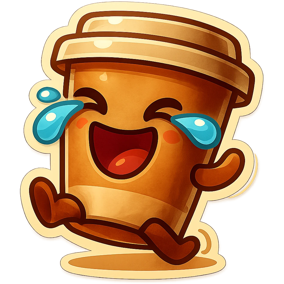 Tall coffee cup, laughing hard, tears in eyes, rolling on ground, dramatic laugh emoji
