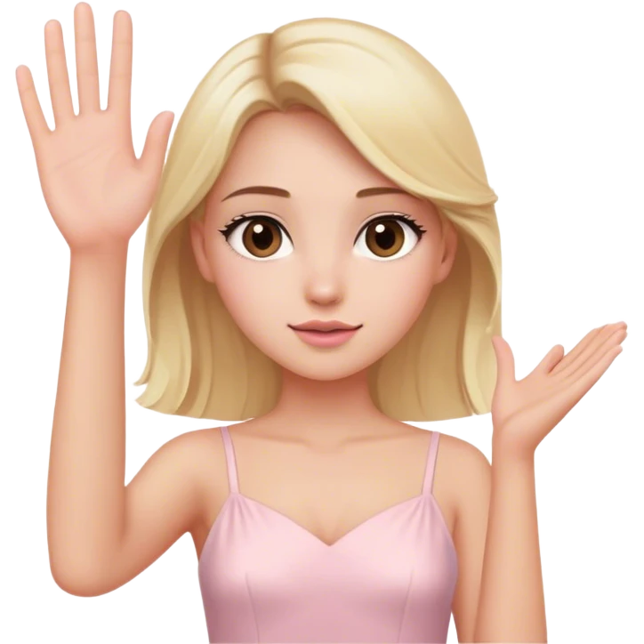 Pretty Blonde model, brown eyes, light pink dress, raising hand emoji