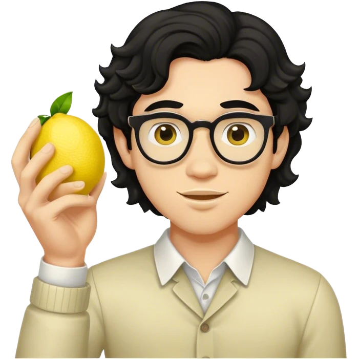 Dorky guy with wavy black hair holding a lemon emoji