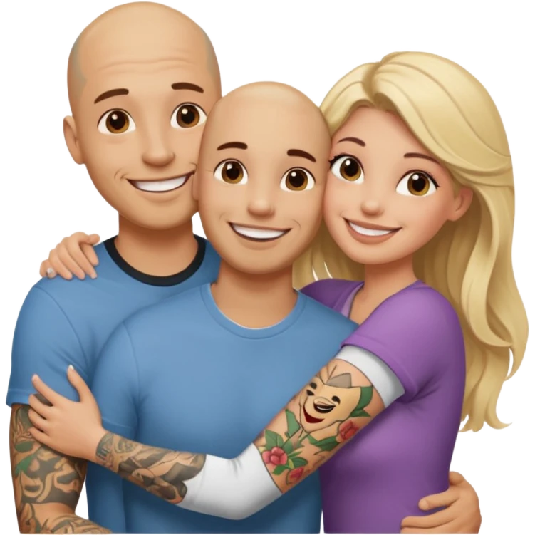 throuple tatted bald boyfriend with two girlfriends blonde and brunette loving  emoji