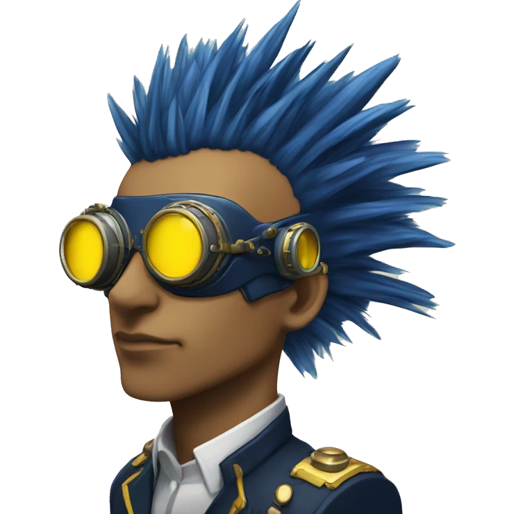 Navy blue Mohawk cyborg head with yellow steampunk goggles emoji