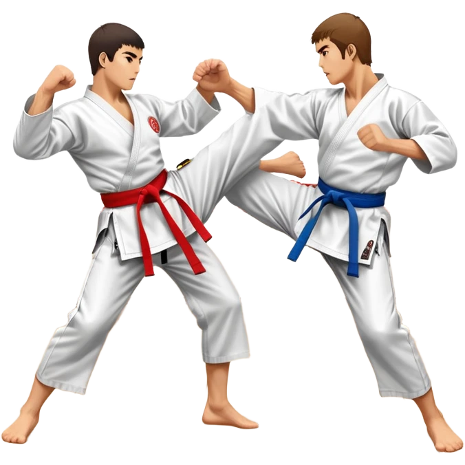 Two karate fighters in traditional gi sparring. One executes a high kick aimed at the opponent’s head, while the other blocks with a strong hand defense. The background features a classic dojo with wooden flooring and banners. Dynamic motion and focused expressions. Transparent background. emoji