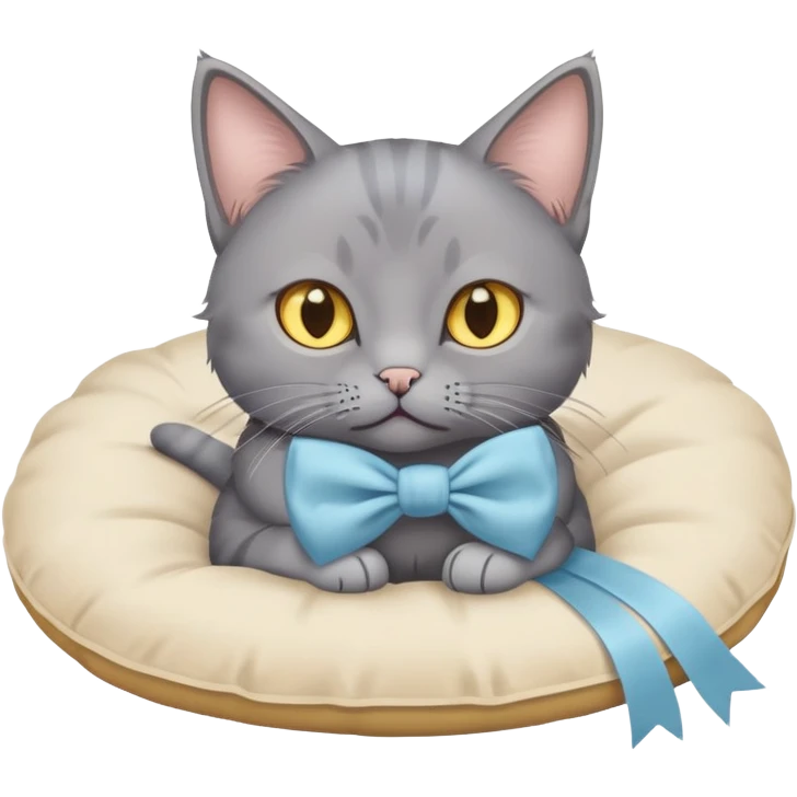 A grey cat with yellow eyes and a light blue bow sits on a beige pillow



 emoji