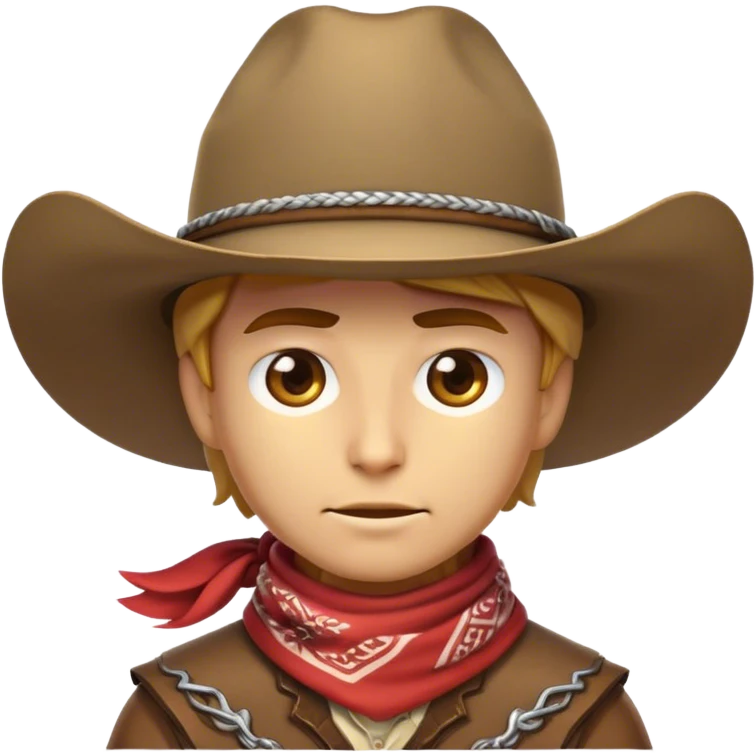 Clash of Clans aesthetic friendly Cowboy Portrait Emoji, With a rugged yet stylized build wearing a classic wide-brimmed hat and bandana, his face rendered in a natural skin tone (not yellow), determined eyes and a steely gaze, Simplified yet dynamic features, highly detailed, glowing with a warm, sunlit frontier radiance, high shine, brave and spirited, stylized with an air of Wild West heroism, focused and ready, soft glowing outline, capturing the essence of a fearless cowboy adventurer ready to ride into epic quests! emoji