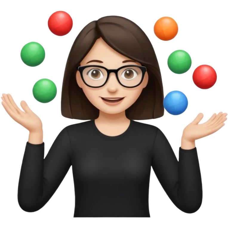 a brunette girl in a black shirt wearing glasses is  juggling  with two hands and smiling  emoji