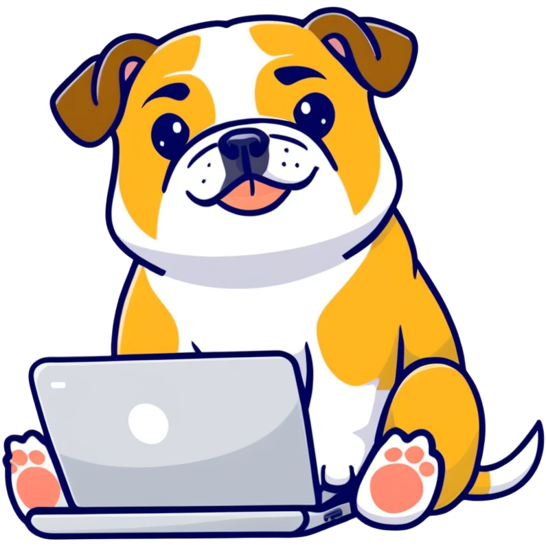 English bulldog sitting with a laptop emoji