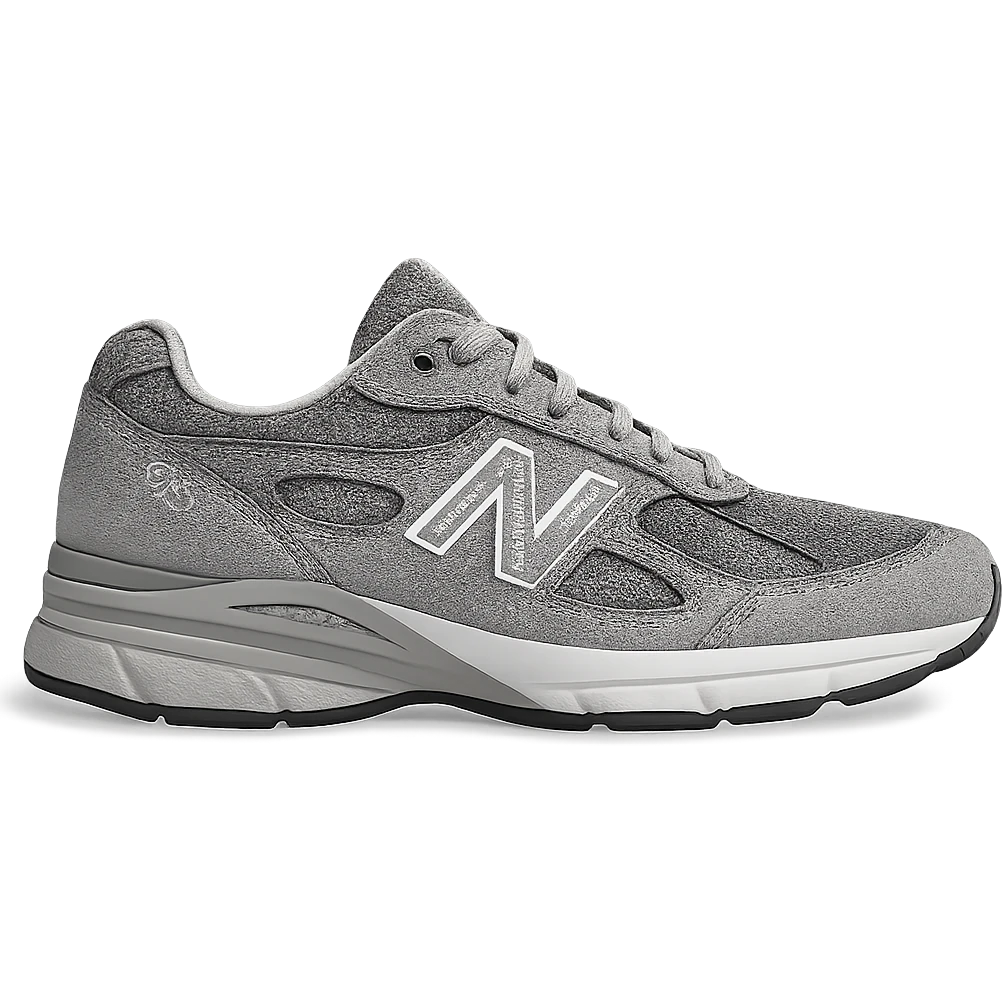 New Balance 990 sneaker, grey, side view, minimal background emoji