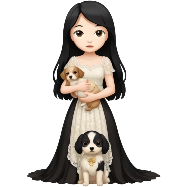 Pastel anime lady long hair with long lace dress full body holding puppy emoji