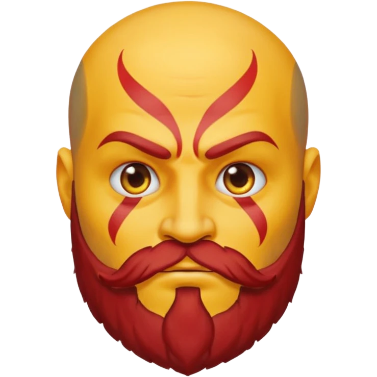 Kratos depicted as a yellow emoji, stern face, red tattoo, beard, classic round yellow emoji style emoji