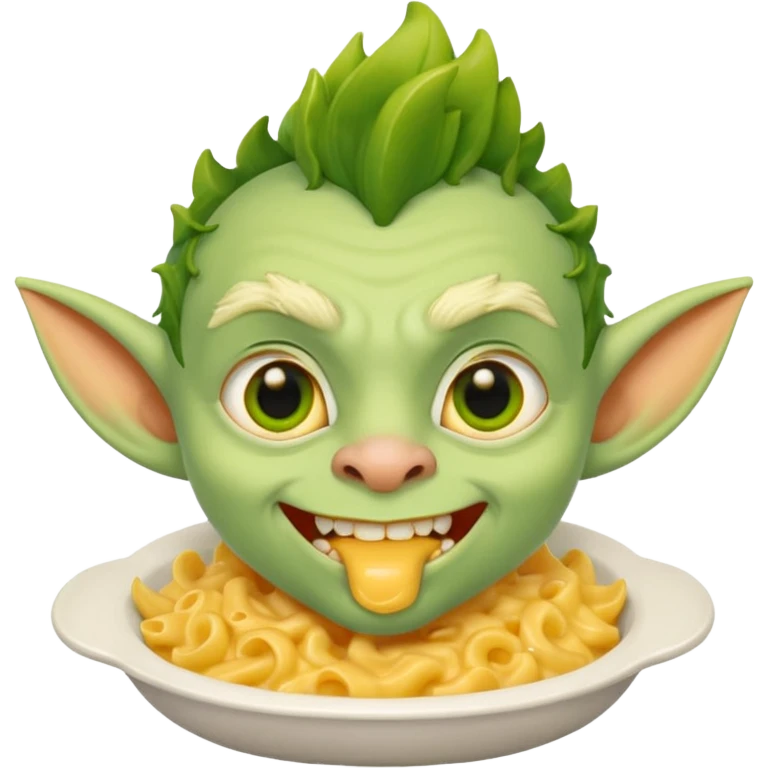 cheddar goblin, green ears, green skin, underbite, mac and cheese in mouth, yellow eyes, narrow nose emoji
