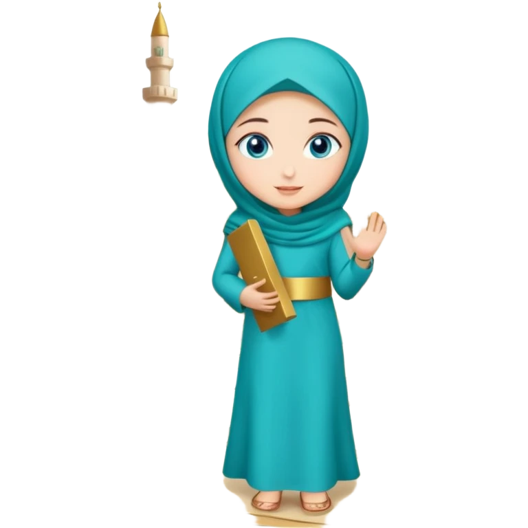 Turkish beautiful finish Konya girl blue eyes with gold hijab and islamic long tailed turquoise dress on the ground at her home garden and had on her hand text Eid Mubarak  emoji