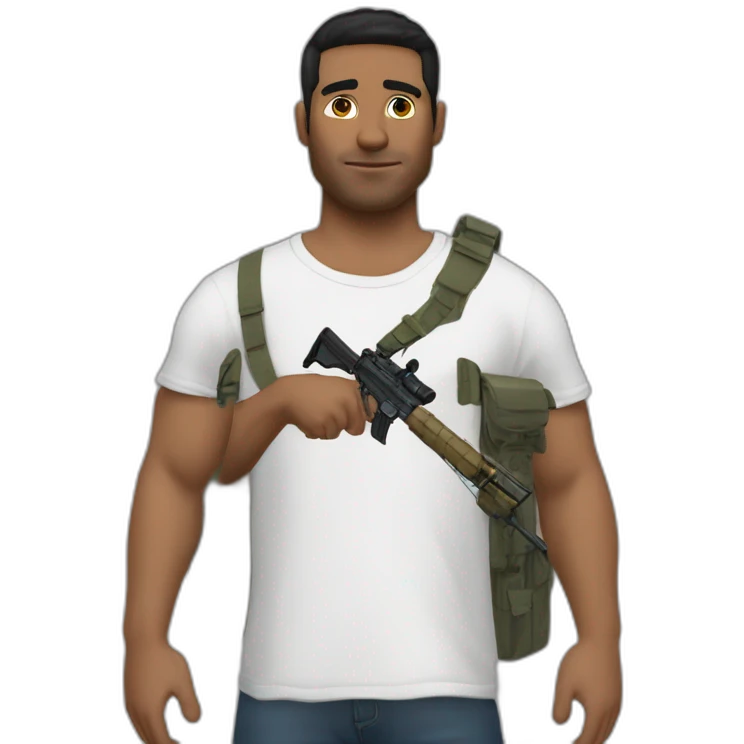 man with trasher t-shirt and hair curtains and with fn scar carabine emoji