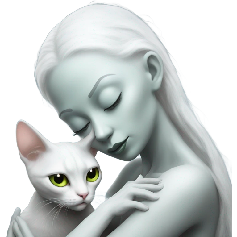 Photo realistic, alien female, kissing and embracing white cat, emoji