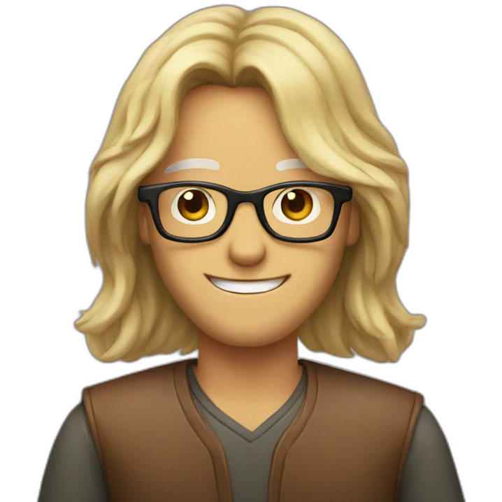 long haired man with glasses showing a victory sign emoji