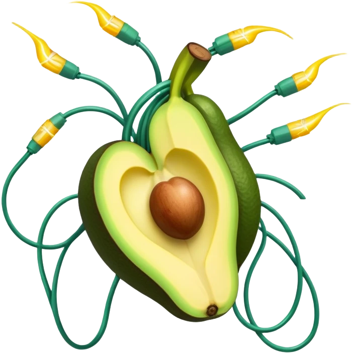 Banana, avocado, potato and leafy greens emitting electrical sparks that flow toward a heart and nervous system. The electrical currents connect the potassium-rich foods to muscles and nerves, highlighting potassium's role as the body's electrical rhythm keeper. emoji