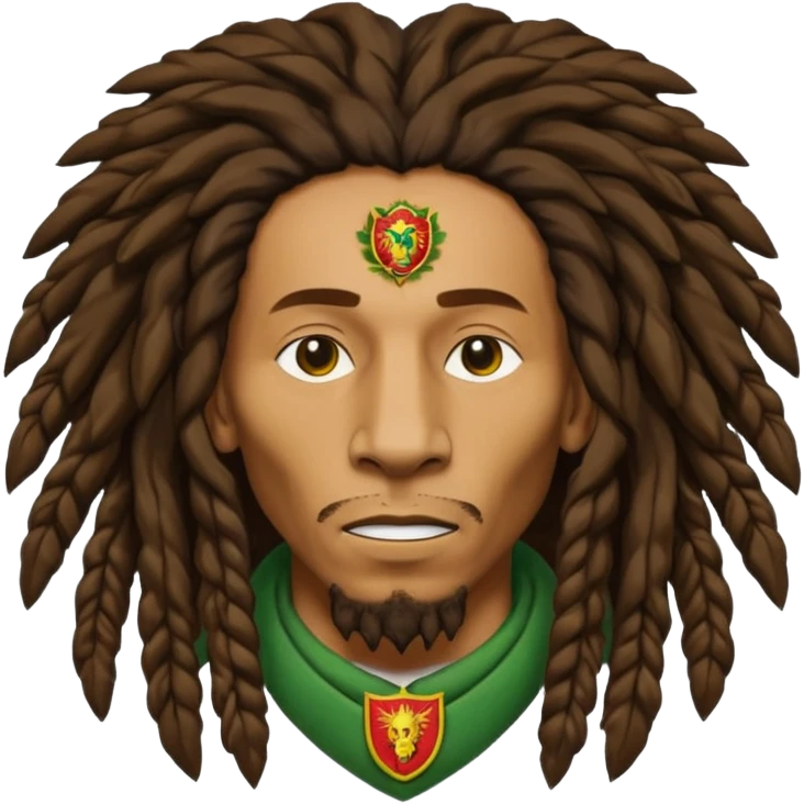 melancholic  Bob Marley with gigantic dread locks in form heraldic crest with ethiopian lion emoji