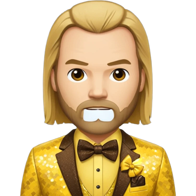 Tyler Mane with long dark blonde hair, yellow shirt, brown sequin suit with bow tie emoji
