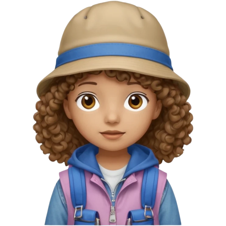 A little girl student curly brown hair, with jean bucket hat, beige jacket, blue backpack emoji