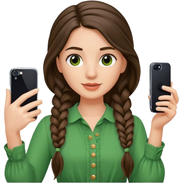 brunette long braided haired woman with green blouse holding her phone having selfie emoji