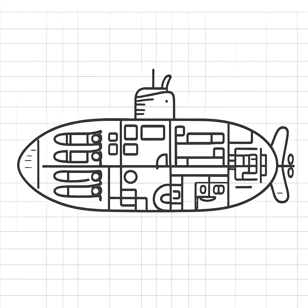 submarine floorplan, detailed interior, top-down, showing living quarters, torpedo room, engine, blueprint style emoji