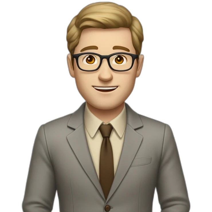 Full height Actively Gesturing Pale skinned fit man with dark brown hair in gray jacket, beige office shirt, brown tie, brown pants and vintage glasses. emoji