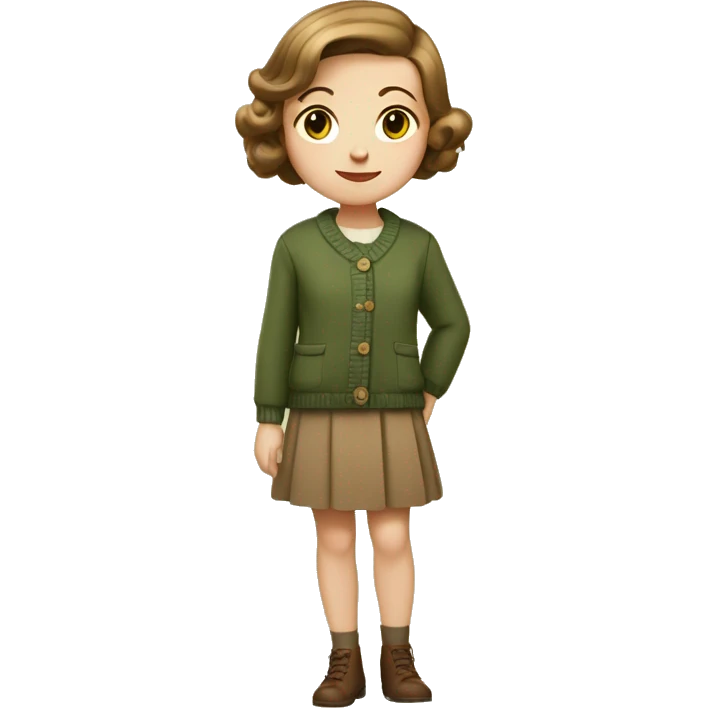 Very young girl with pale skin, straight, warm brown, short hair in a bob style, a brown 1940s dress with an earthy green cardigan emoji