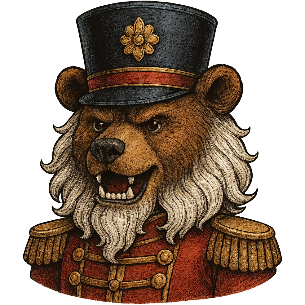 profile picture of a nutcracker bear with white hair, visible teeth, and a classic nutcracker hat, detailed and expressive emoji