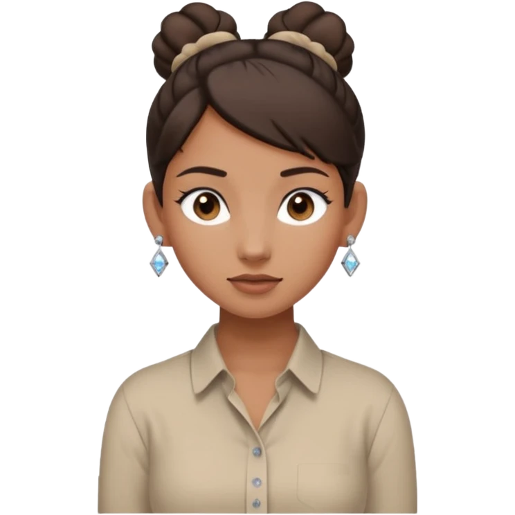 generate a pretty bratz girl with dark brown eyes. Dark brown hair tied in a single bun, tight beige button up shirt with top shirt open. diamond studs in ears. airpods in ear emoji