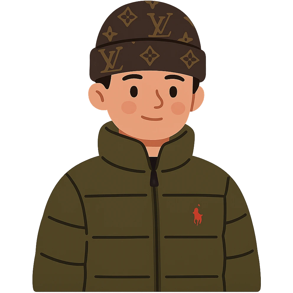 flat toon style young person wearing a Louis Vuitton beanie and a Ralph Lauren Gorham jacket emoji