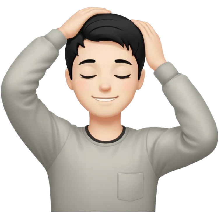 white boy smiling with right hand behind head, black hair, closed eyes emoji