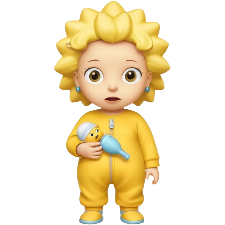 A 3D cartoon baby character yellow, yellow skin, styled like Maggie Simpson, with pacifier, yellow onesie, big eyes, smooth shading, Memoji-style rendering, consistent with other yellow Simpsons characters. emoji