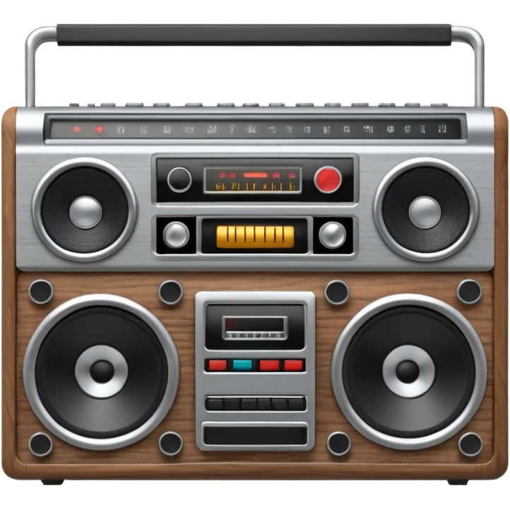 3D render of Boombox, vintage 1980s audio equipment aesthetic, tactile analog buttons, silver chrome body with black speakers, mixed wood grain and brushed aluminum textures, Apple emoji style, isolated on white background --v 6.0 emoji