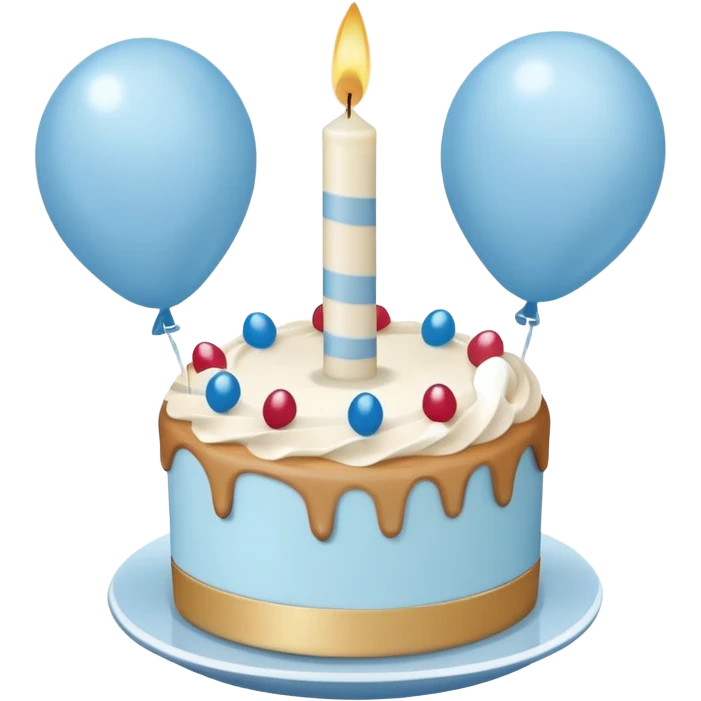 Please make some balloons that are light blue and beige, and place a small cake underneath the balloons. emoji