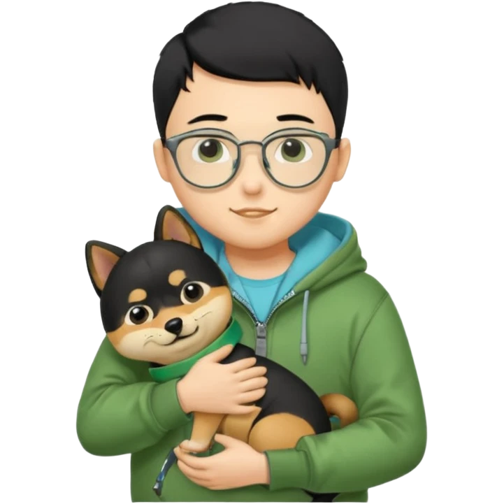 A yellow skin boy, black hair, buzzcut hairstyle, wearing tortoiseshell eyeglasses, green hoodie with zippers, light blue shirt inside, black trousers, black belt, hugging a very cute little black shiba inu emoji
