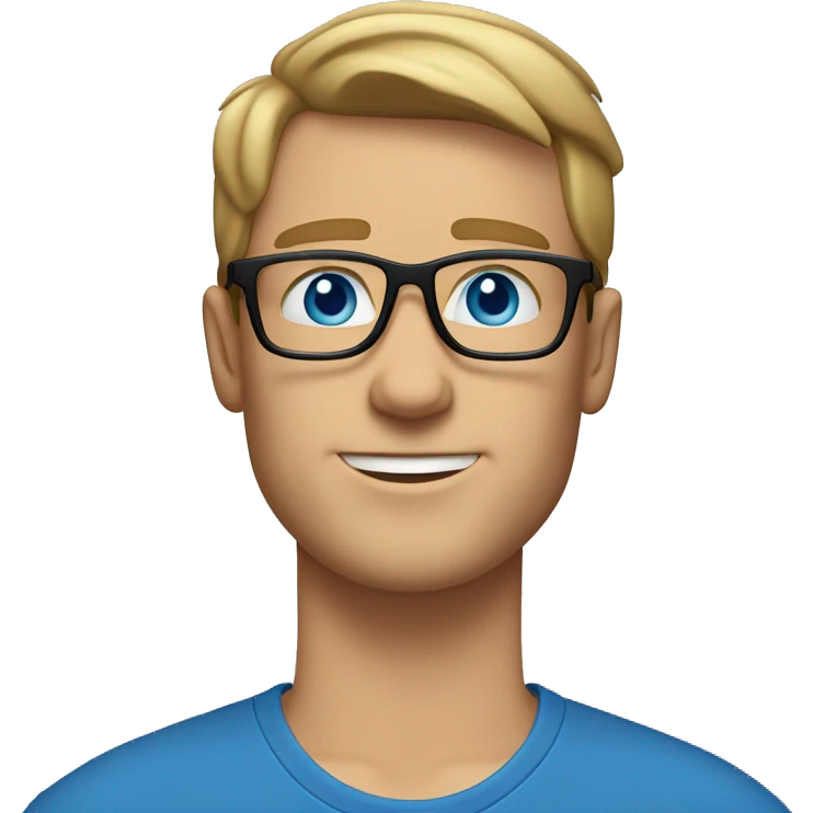 white guy with no beard, dark blond hair brad pit style square glasses blue eyes in laptop wearing blue t-shirt emoji