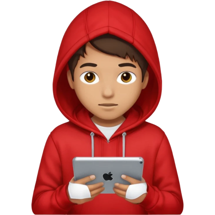 Teen gaming on tablet, red hoodie emoji
