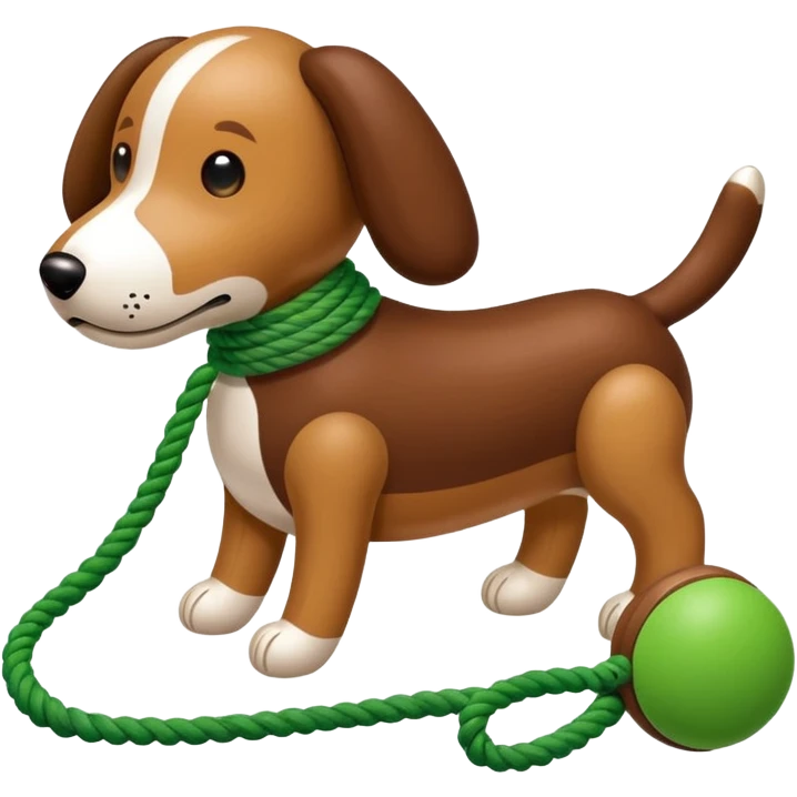 Wooden pull along dog toy with green rope emoji