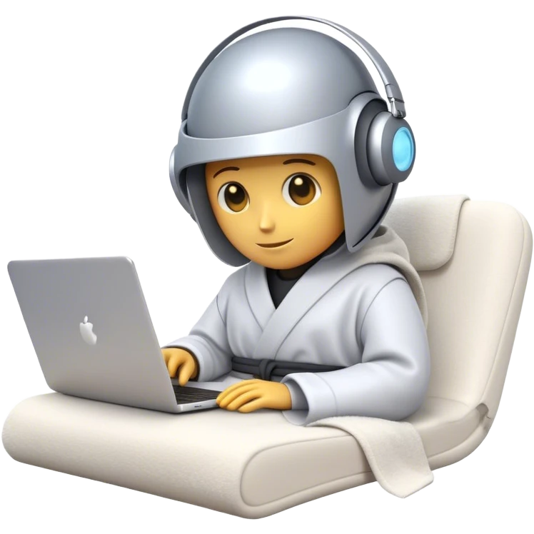 Emoji of a remote-working robot in a cozy smooth bathrobe with a laptop. The robot has a sleek helmet-like head with LED digital eyes. Relaxed yet high-tech vibe. emoji