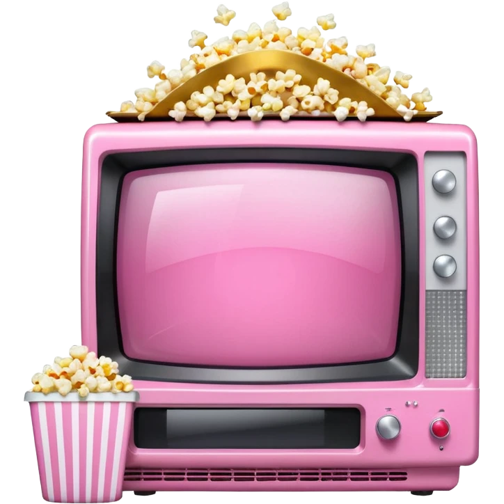 front view of transparent sparkly pink shiny CRT TV sitting on top of pink VCR, with pink/white rhinestone bucket of popcorn sitting next to it emoji