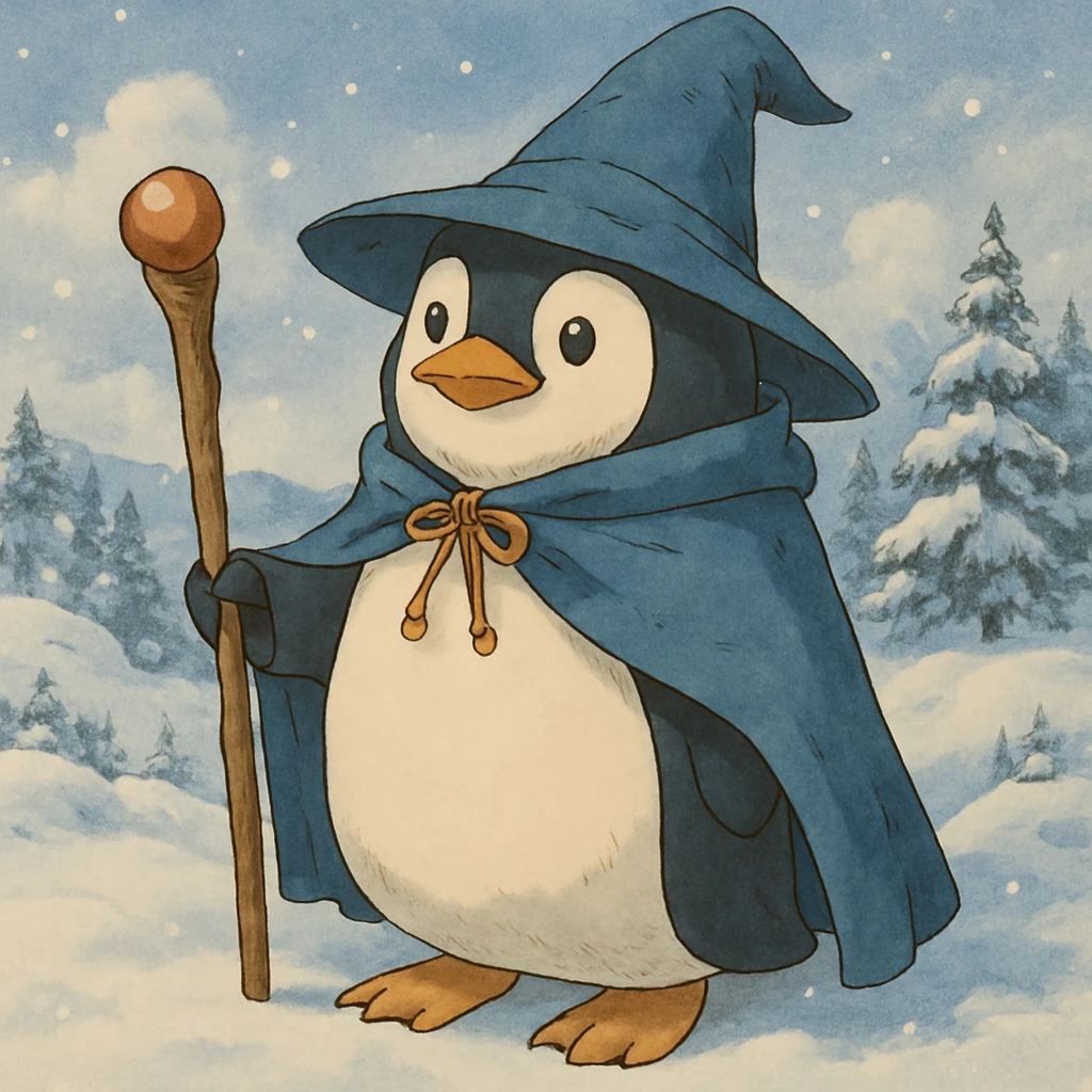 Add a snowy landscape background behind the penguin wizard, keep all original colours and lighting emoji